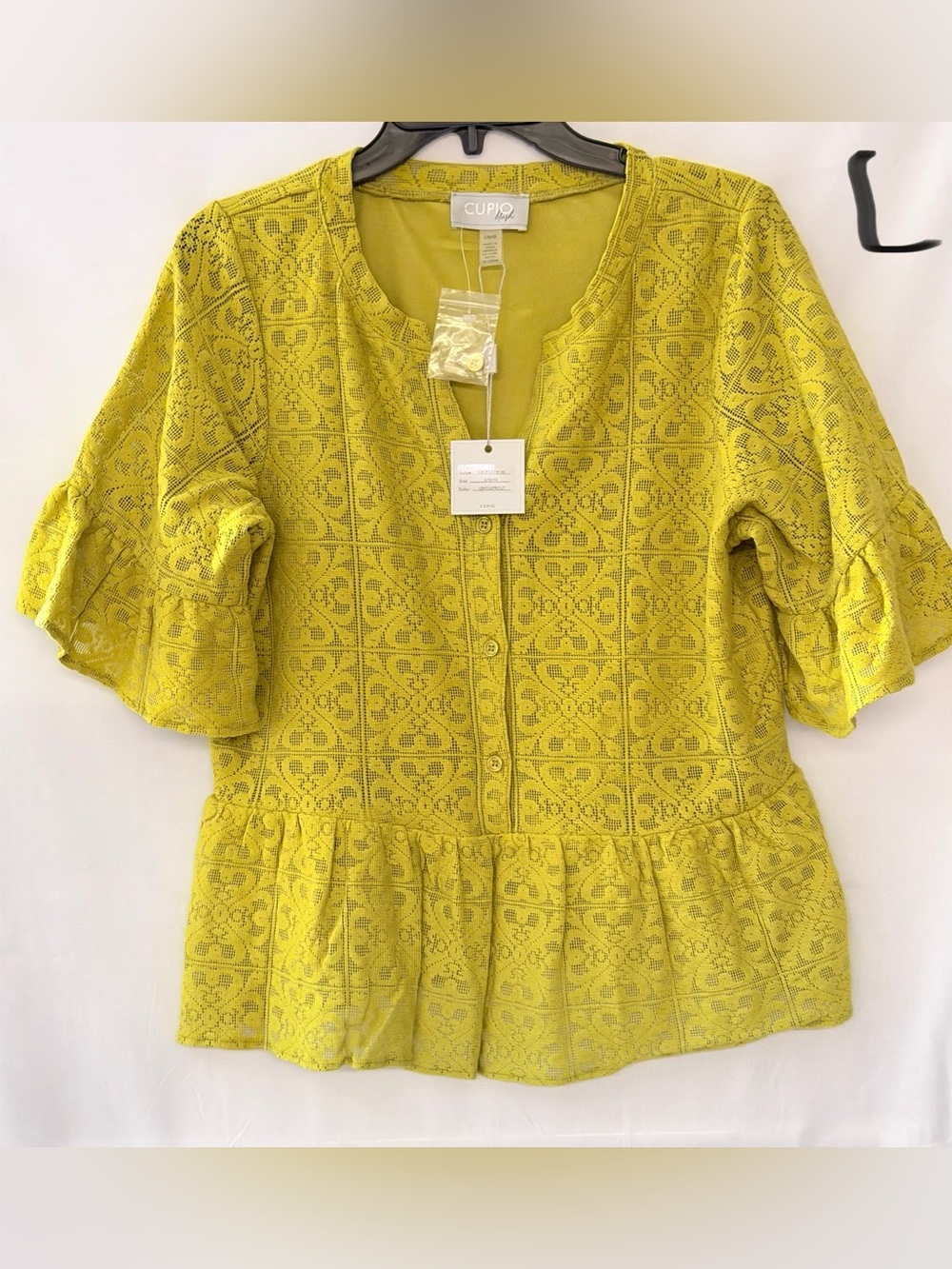 Cupio Chartreuse Lace Peplum Button-Front Blouse